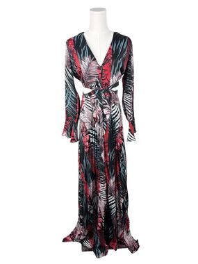 Meghan LA Multi Colored Cut Out Side Long Sleeve Tropical Printed Maxi Dress L
